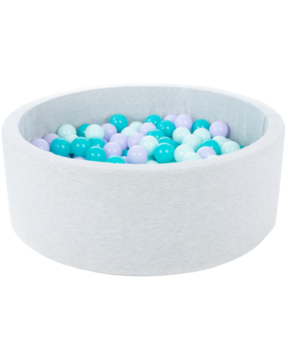Ljusgrå bollhav BASIC, 90x30 med bollar (lilac, turkos, mint)