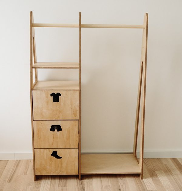Duck Woodworks, garderob klädstång med lådor Clothes, natur