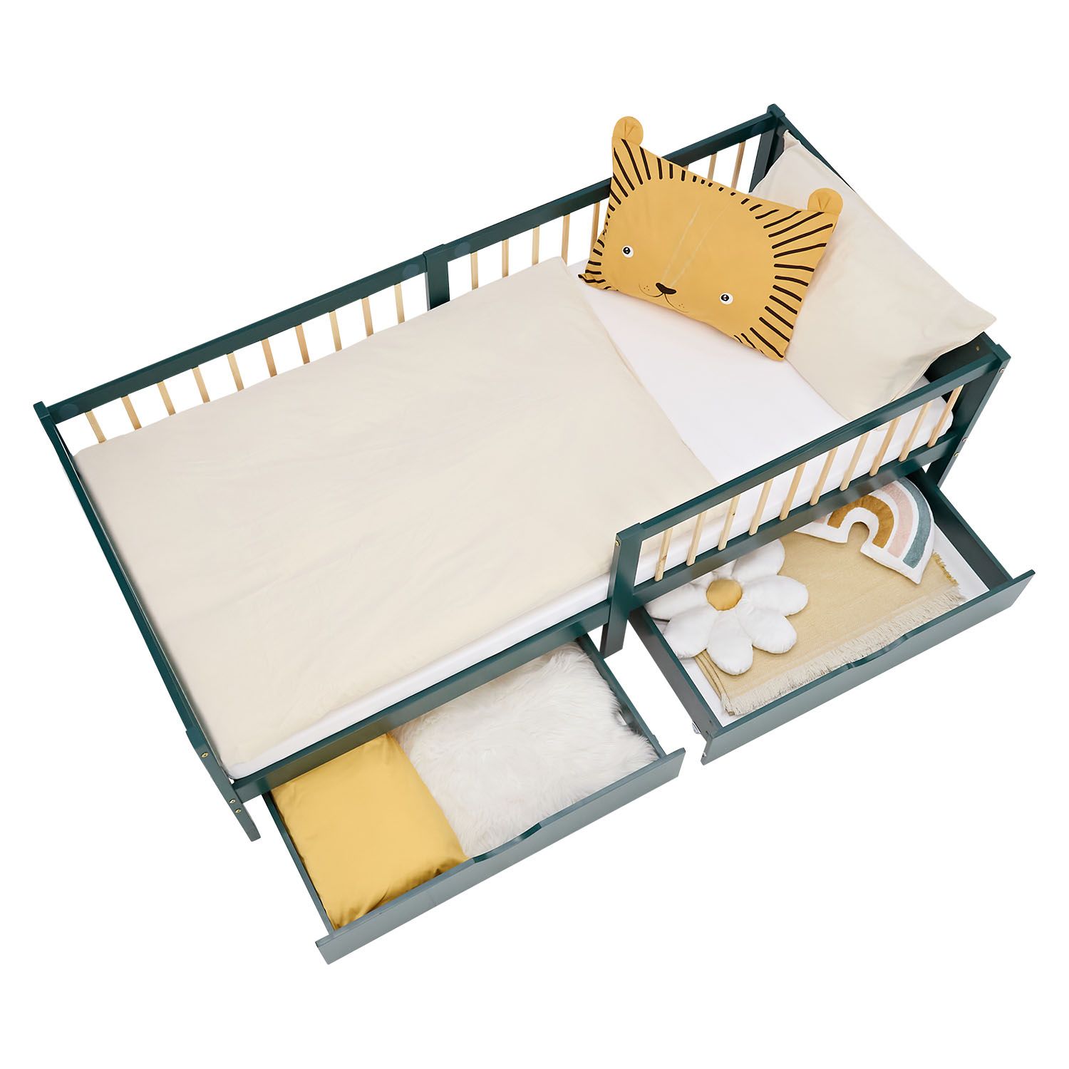 Barnsäng 90×200 cm grön – Träsäng med 2 lådor & fallskydd - Image 6