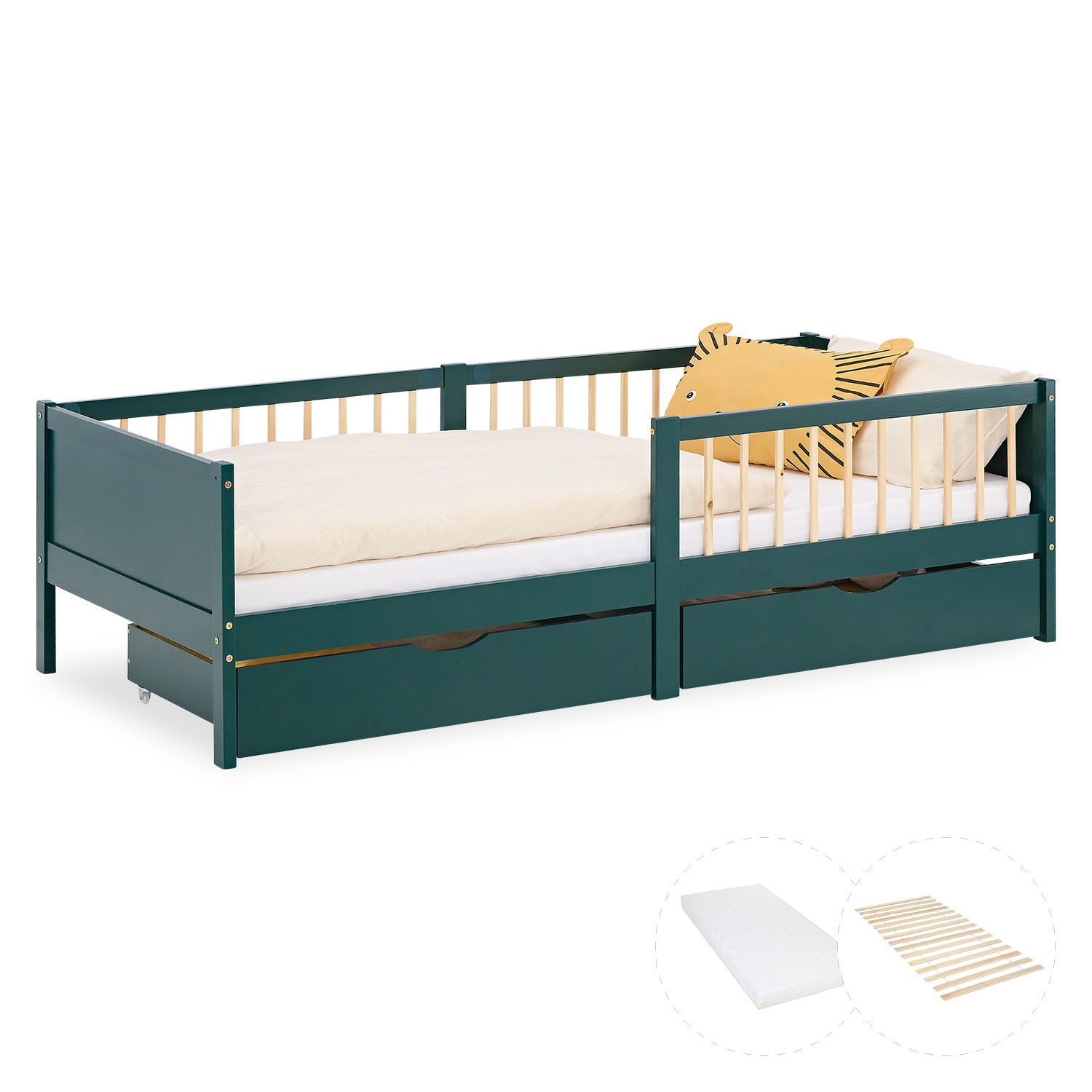 Barnsäng 90×200 cm grön – Träsäng med 2 lådor & fallskydd - Image 8
