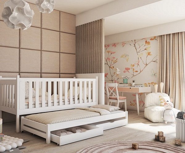 Vit barnsäng med stödbräda och extrasäng, Kiara 90x200