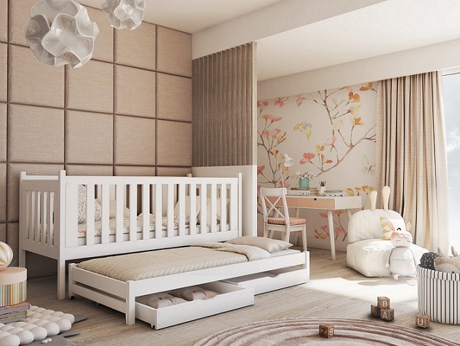 Vit barnsäng med stödbräda och extrasäng, Kiara 90x200