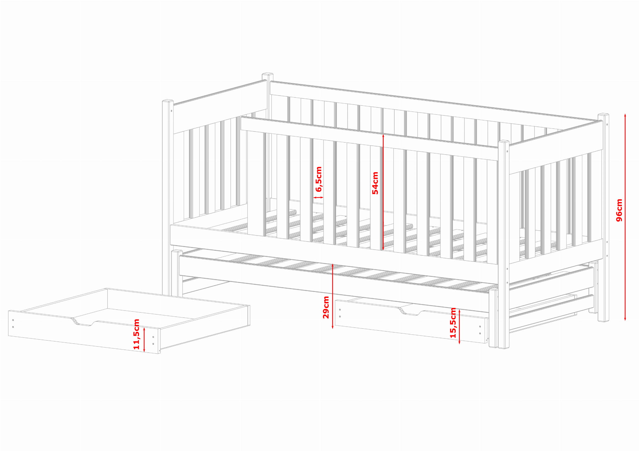 Vit barnsäng med stödbräda och extrasäng, Kiara 90x200 - Bild 3