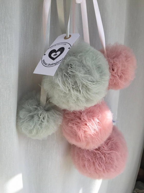 Tyll Pompoms set (Tyllbollar)- rosa/grå