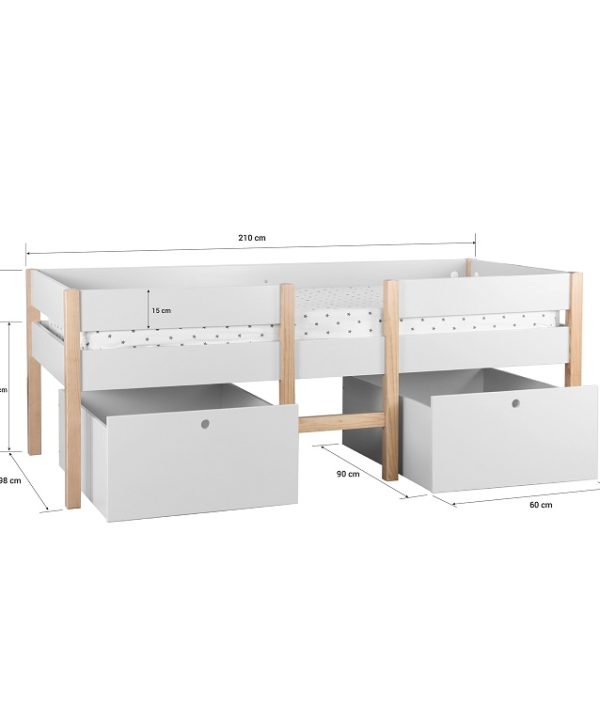 Hög vit enkelsäng med förvaring 90x200