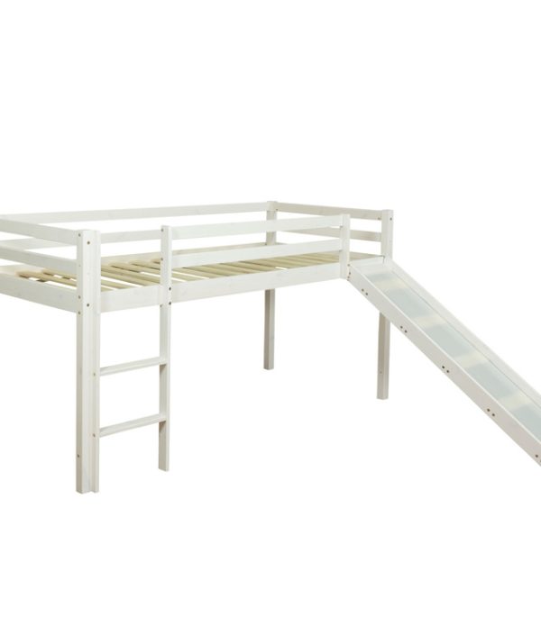 Vit loftsäng med rutschkana 90x200 cm