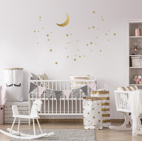 Babylove, väggklistermärke guld måne med stjärnor