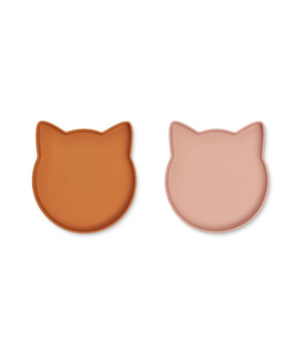 Liewood, Marty silikontallrik 2-pack, Cat mustard/dark rose mix