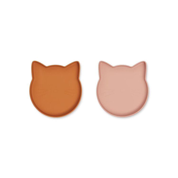 Liewood, Marty silikontallrik 2-pack, Cat mustard/dark rose mix