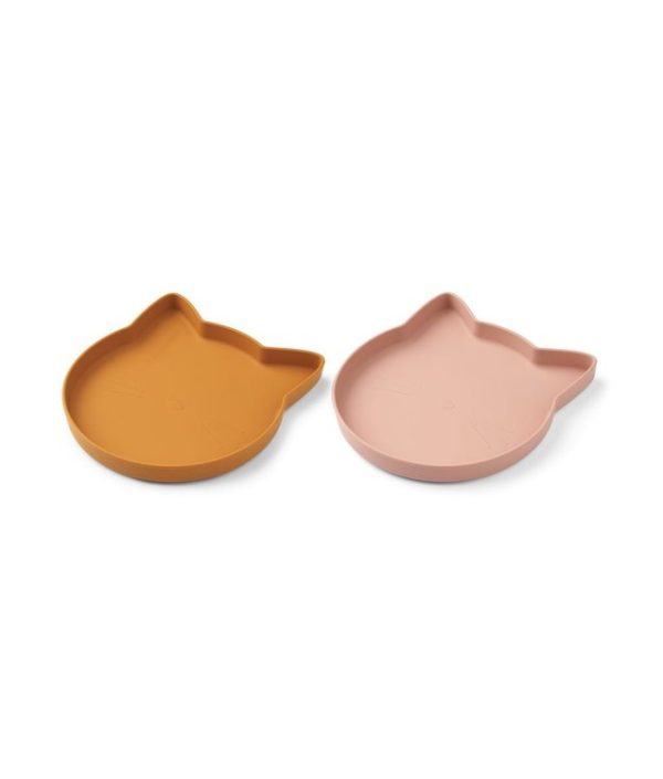 Liewood, Marty silikontallrik 2-pack, Cat mustard/dark rose mix