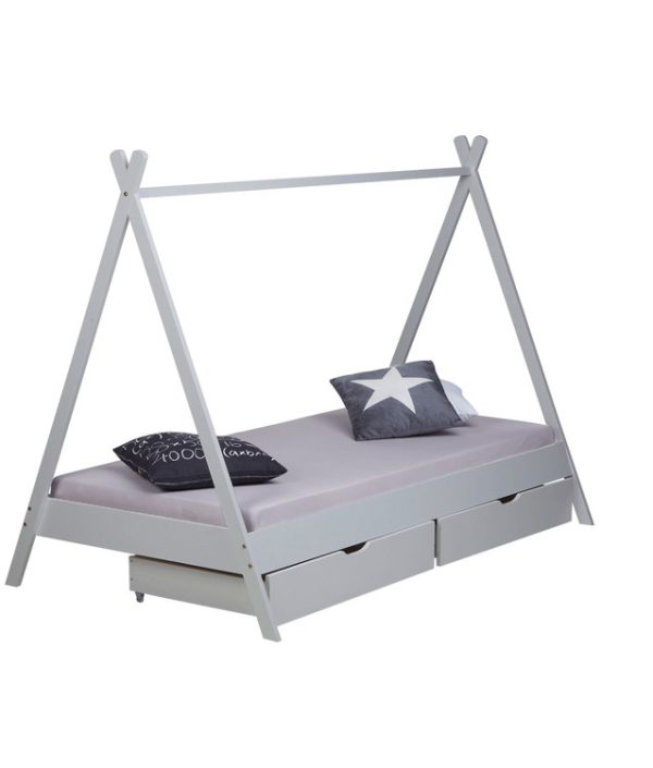 Grå hussäng tipi med gardin och förvaringslådor 90x200