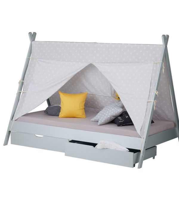 Grå hussäng tipi med gardin och förvaringslådor 90x200