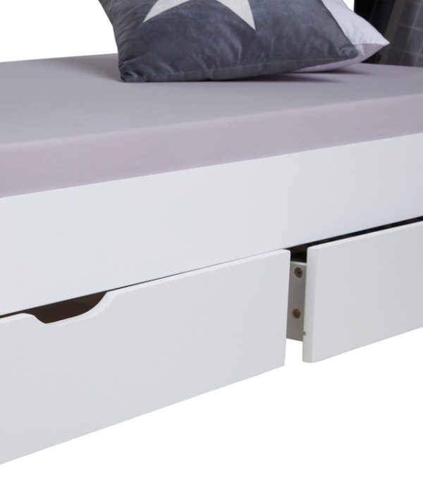 Vit hussäng tipi med gardin och förvaringslådor 90x200