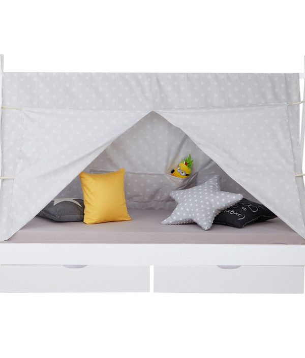 Vit hussäng tipi med gardin och förvaringslådor 90x200