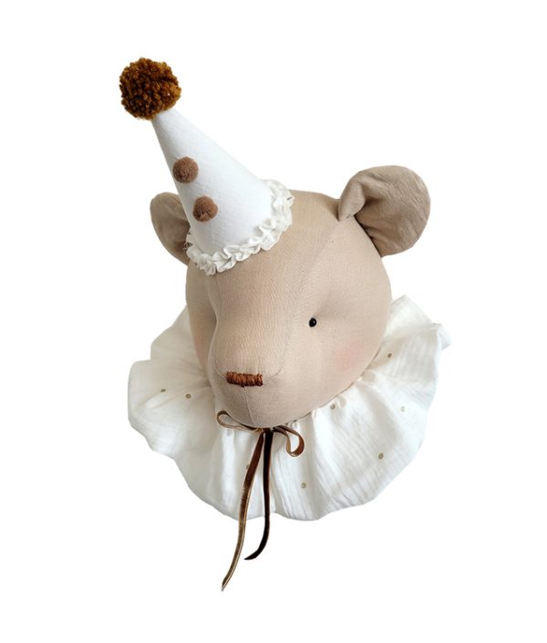 Väggdekoration beige björn med cream krage, djurhuvud i linne