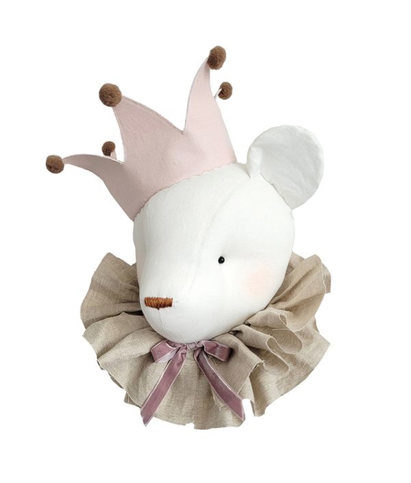 Väggdekoration cream björn med rosa krona, djurhuvud i linne