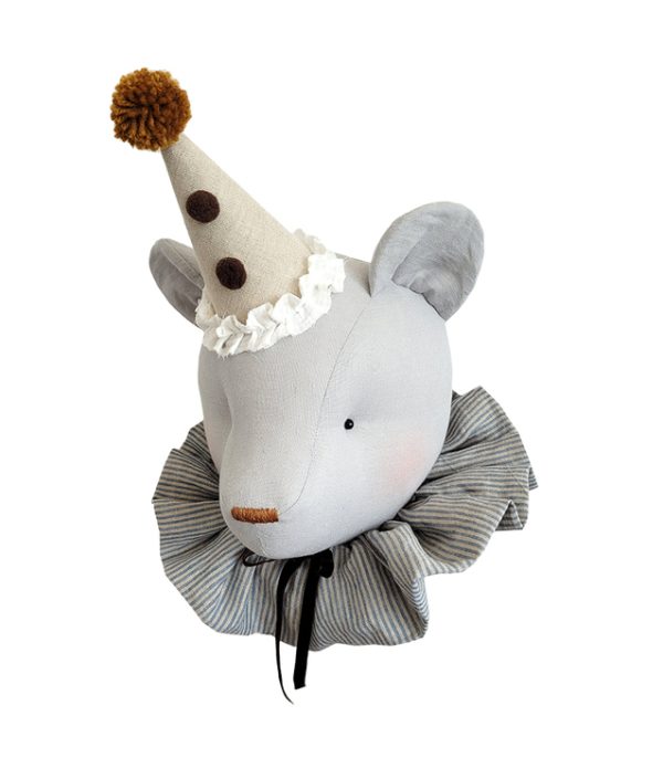 Väggdekoration blågrå björn med guldfärgad hatt, djurhuvud i linne