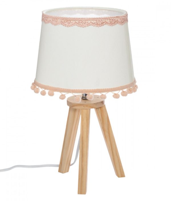 Bordslampa med pompom till barnrummet, vit/rosa