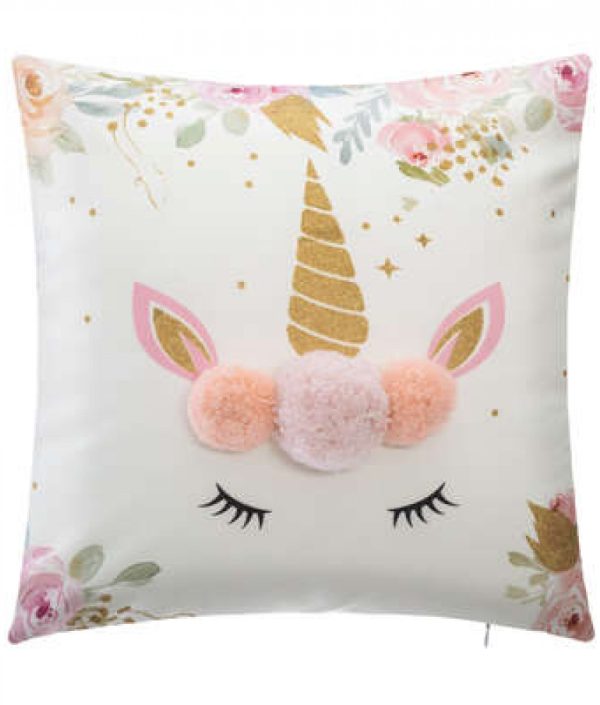 Kudde med pompom, rosa enhörning