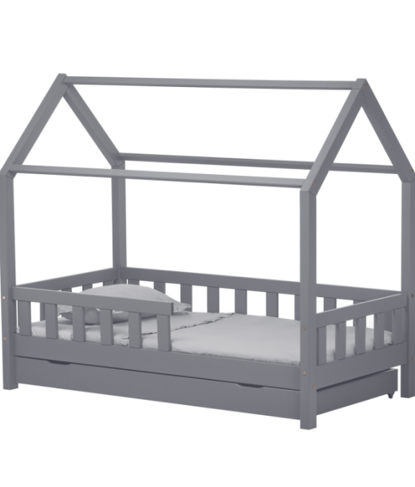 Grå hussäng junior 80x160 med en förvaringslåda