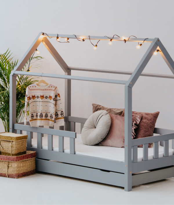 Grå hussäng junior 80x160 med madrass och förvaringslåda