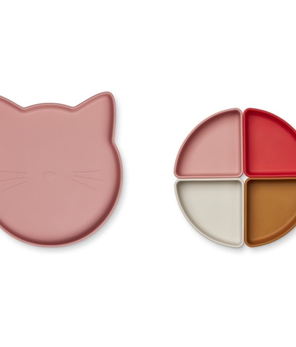 Liewood, Arne silikontallrik med fack, Cat dusty raspberry multi mix