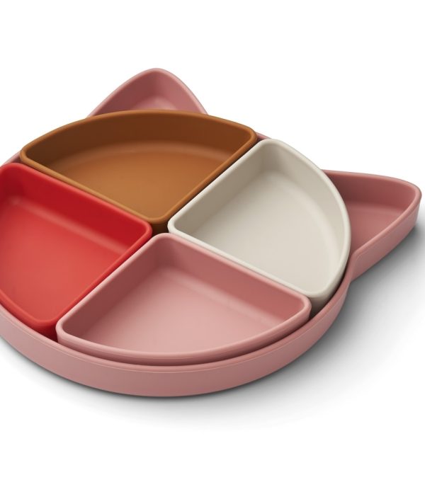 Liewood, Arne silikontallrik med fack, Cat dusty raspberry multi mix