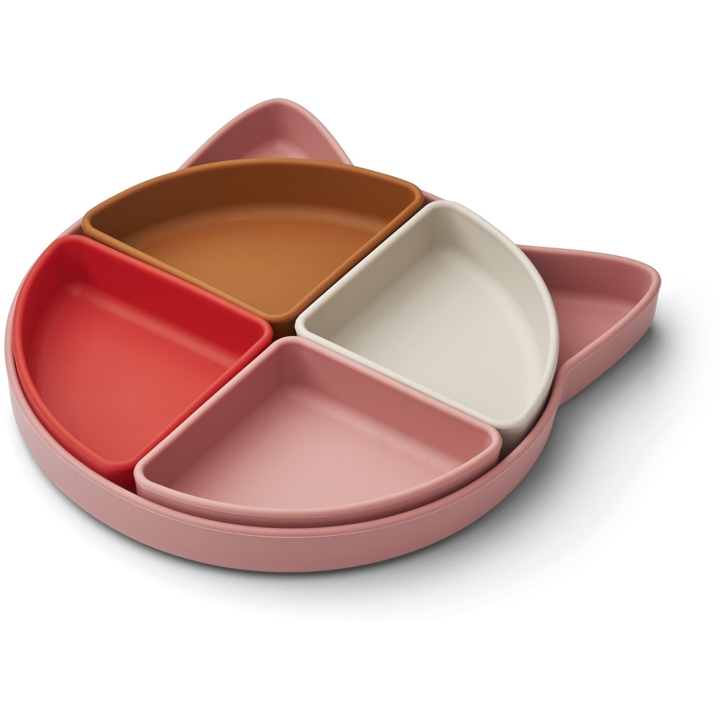 Liewood, Arne silikontallrik med fack, Cat dusty raspberry multi mix