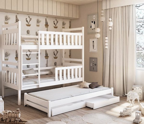 Våningssäng med stödbräda och tre sängar Katja