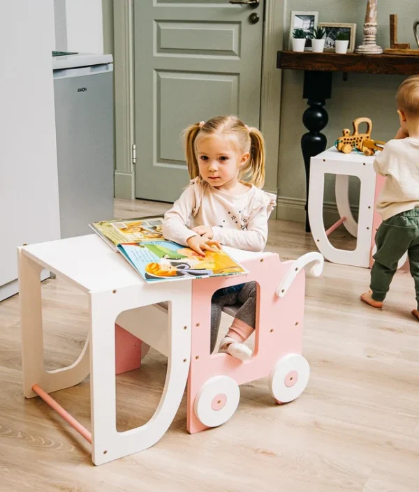 Byggbar kökspall bil, rosa/vit