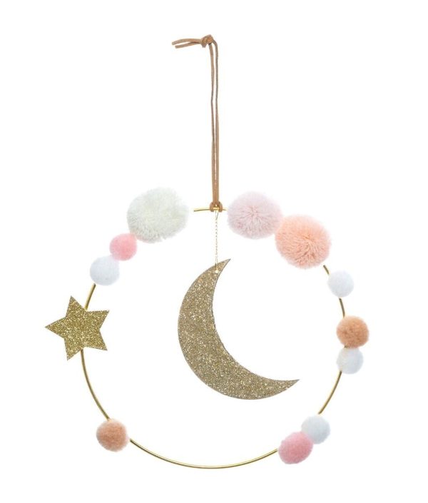 Väggdekoration glitter måne med pompom