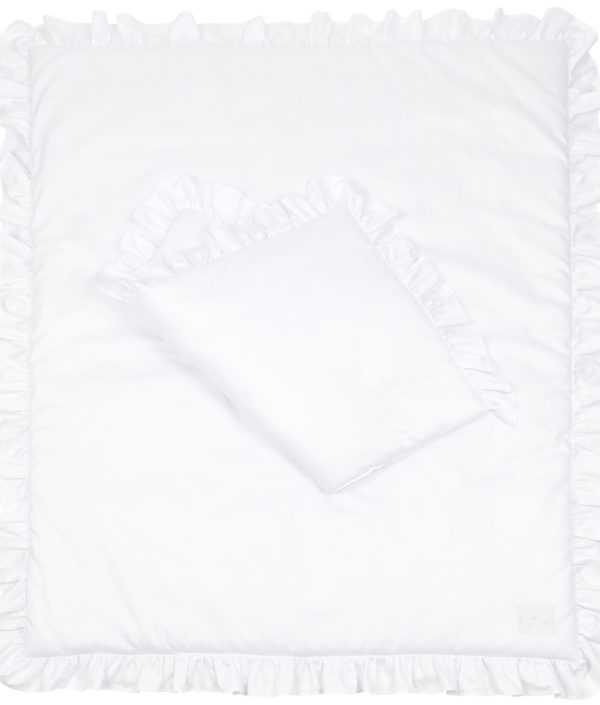 Vit bäddset spjälsäng med kudde och täcke med volang, Cotton and Sweets