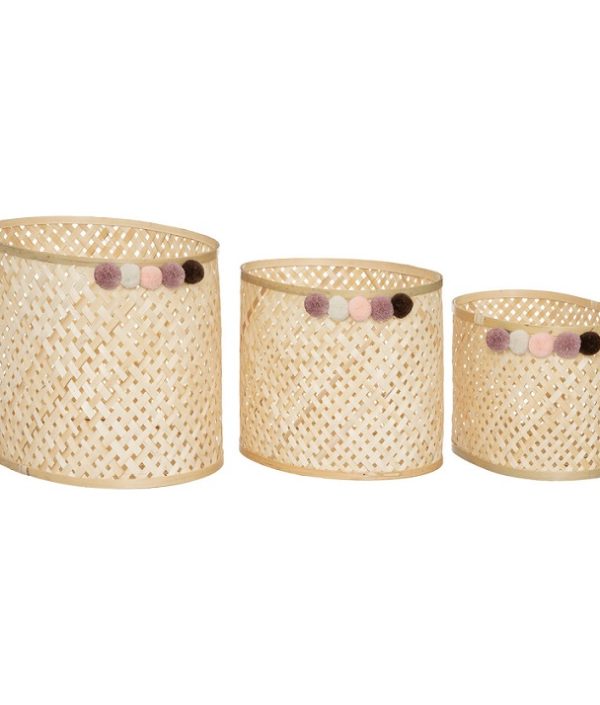 Förvaringskorg med pompom bamboo, 3-pack