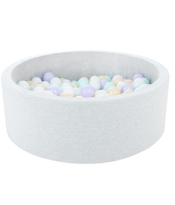 Ljusgrå bollhav BASIC, 90x30 med bollar (vit, lilac, beige, mint)