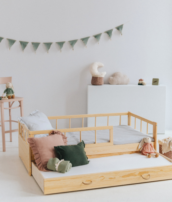 Juniorsäng Minnie med förvaringslåda/extra säng, natur