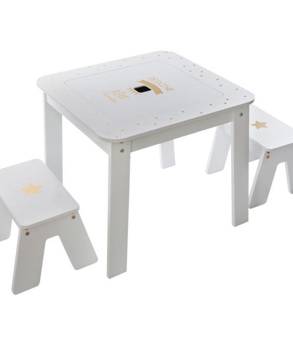 Möbelset bord med två pallar, vit/guld