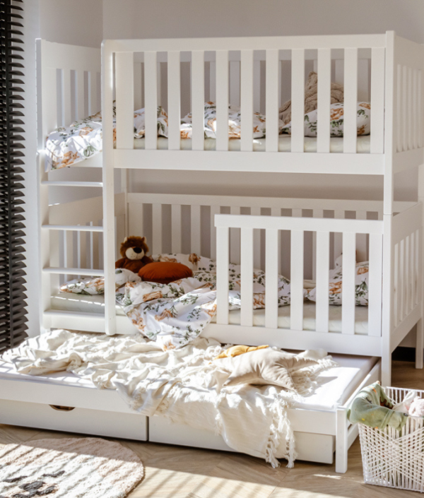 Vit våningssäng med förvaring och 3 sängar, Ebba 80x180 cm