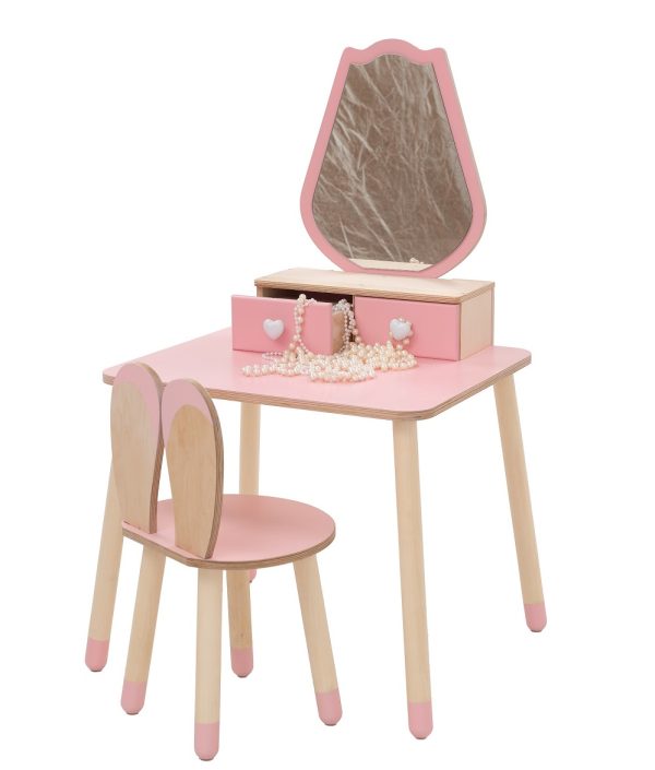 Sminkbord tulpan med kaninstol, rosa/natur