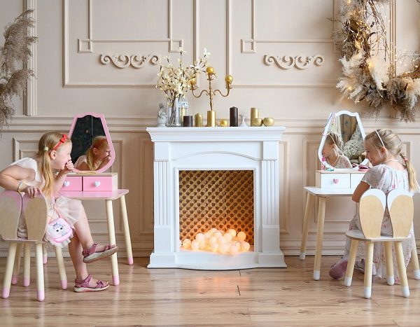 Sminkbord tulpan med kaninstol, rosa/natur