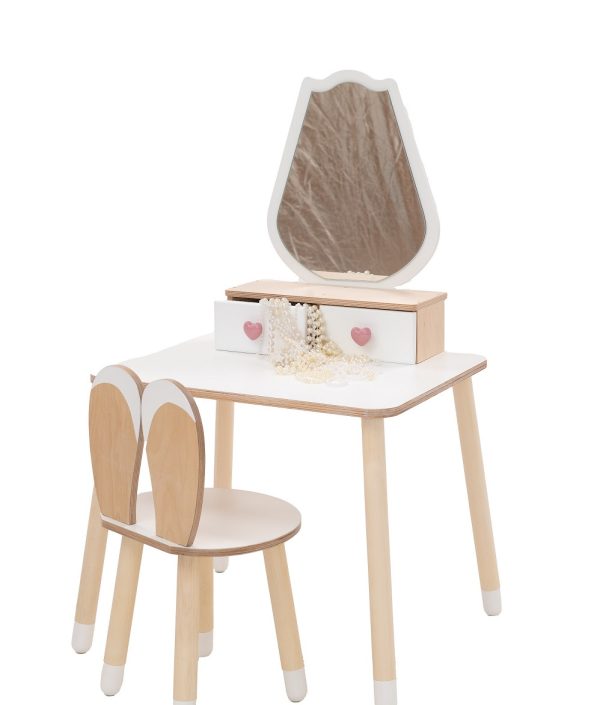 Sminkbord tulpan med kaninstol, vit/natur