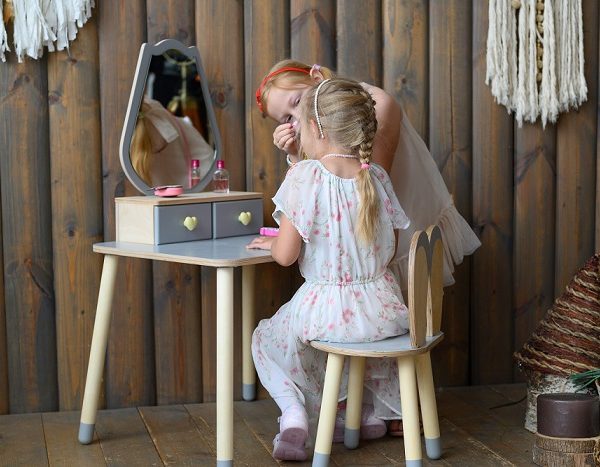 Sminkbord tulpan med kaninstol, grå/natur