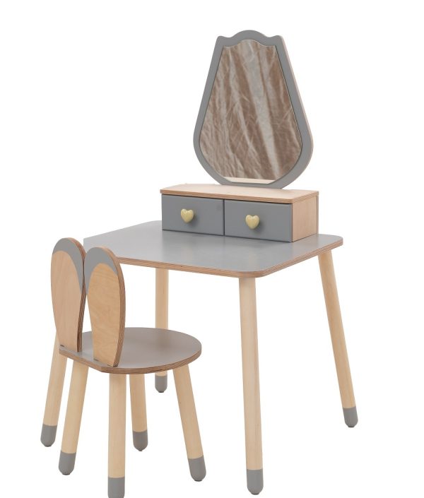 Sminkbord tulpan med kaninstol, grå/natur