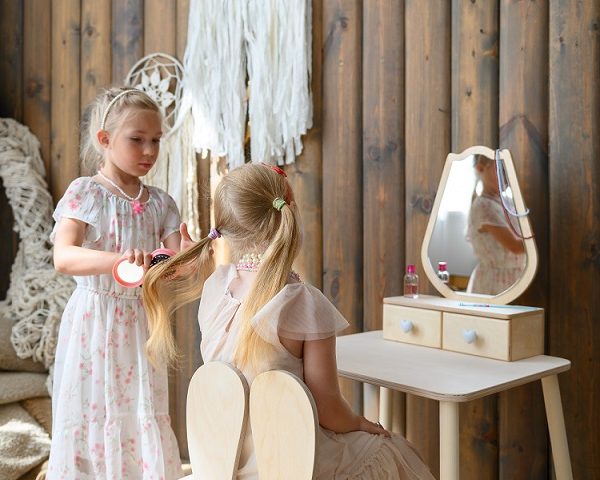 Sminkbord tulpan med kaninstol, natur