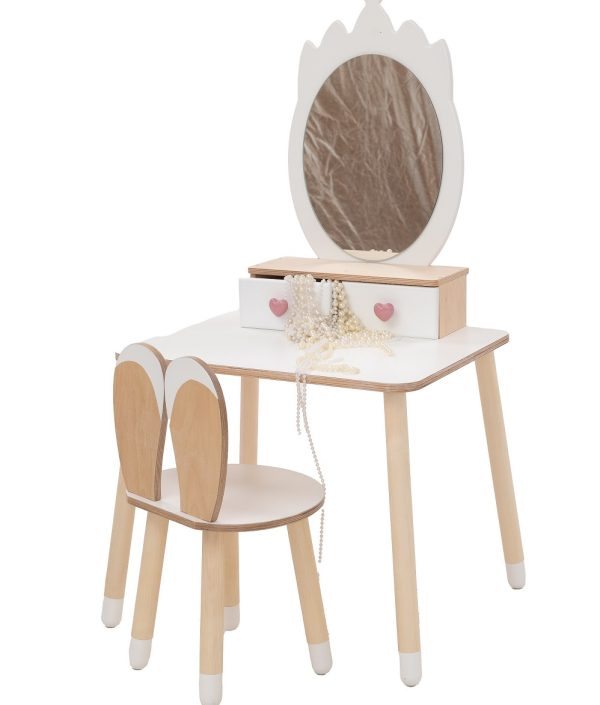 Sminkbord krona med kaninstol, vit/natur