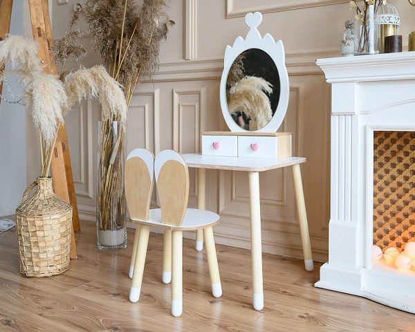 Sminkbord krona med kaninstol, vit/natur