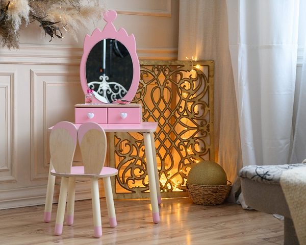 Sminkbord krona med kaninstol, rosa/natur