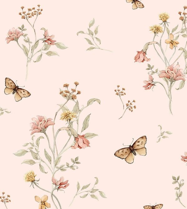 Dekorillo, tapet Flowers and butterflies pink