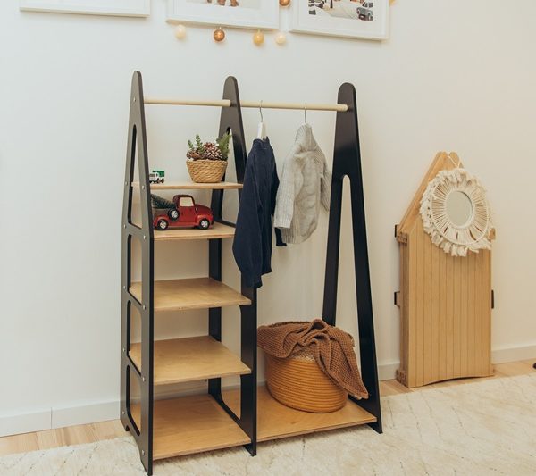 Duck Woodworks, garderob klädstång med hyllor, svart/natur