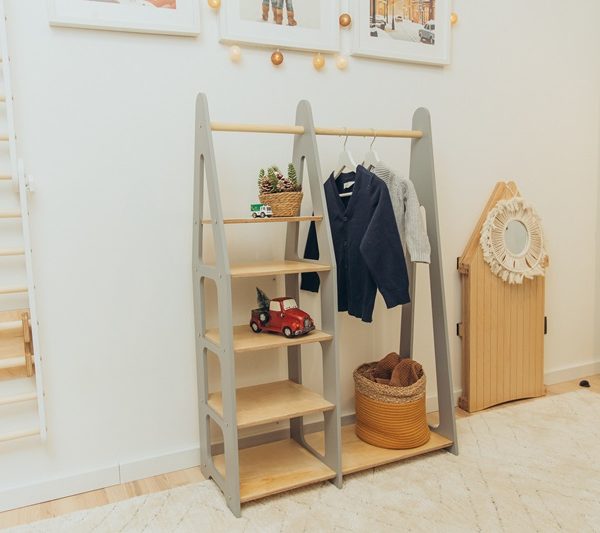 Duck Woodworks, garderob klädstång med hyllor, grå/natur