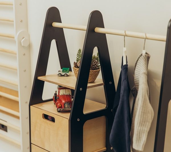 Duck Woodworks, garderob klädstång med lådor, svart/natur